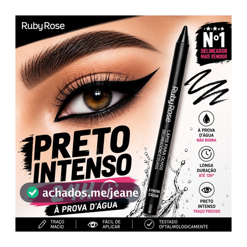 Lápis Delineador Ruby Rose Preto Intenso À Prova D'Água Longa Duração Carbon Black