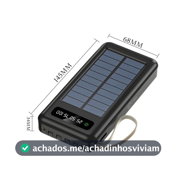 Carregador Portátil Solar 20000mAh Power Bank com Cabos Embutidos Display Digital USB Rápido