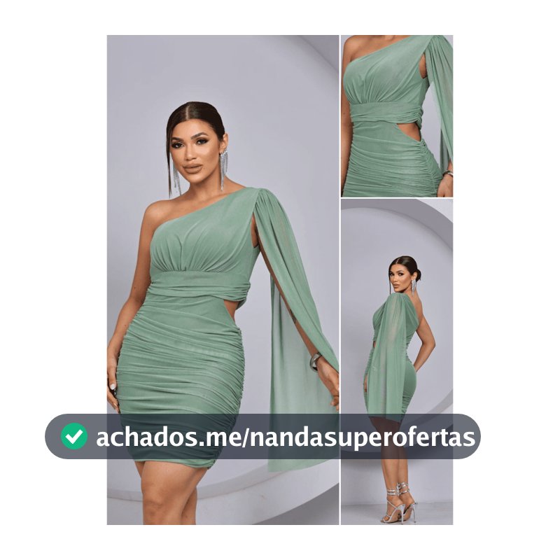 Vestido Curto Ombro Unico Drapeado Justo Recorte Lateral Manga Capa Tule Tecido com Elasticidade