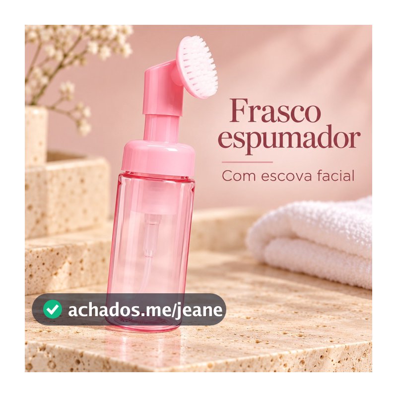 Frasco Pump Espumador Rosa com Escova para Limpeza Facial Skincare