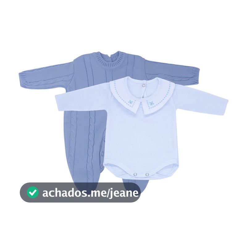 Kit Macacão Trança Azul Claro com Body Gola Bordada