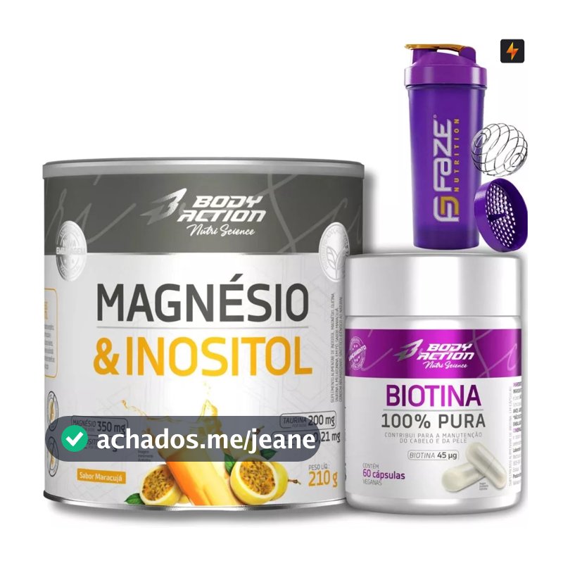 Kit Magnésio e Inositol 210g + Biotina 60 Cápsulas Body Action + Coqueteleira