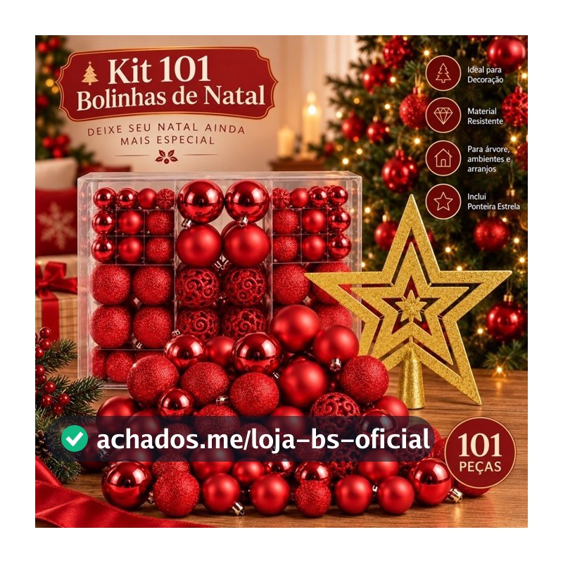 Kit 100 Bola + Brinde Estrela Enfeite Árvore Natal Decoração
