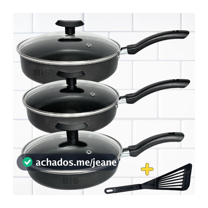 Kit Frigideiras Antiaderente Com Tampa De Vidro Jogo com 3 Peças Teflon 18/20/22cm Preto + Espatula