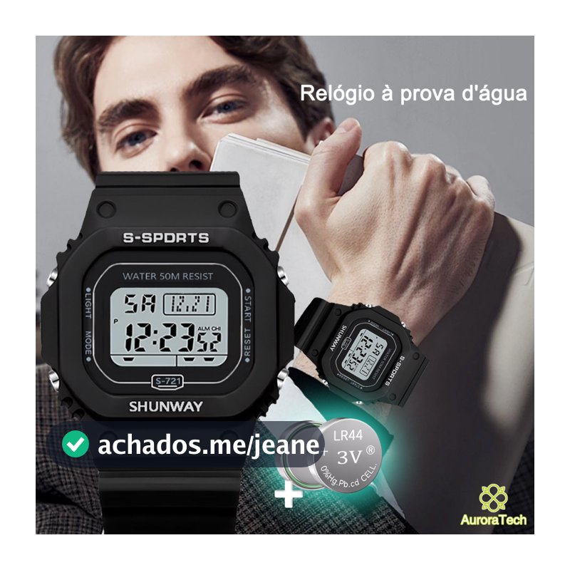 Relógio Digital Masculino à Prova D'água Relógios De Pulso LED Luminoso Para Esportes Preto