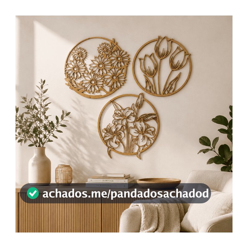 Kit 3 Painéis Mandala Flores Decorativas em MDF 3mm Vazado Quadros Parede 30 cm Decoração Sala Quarto
