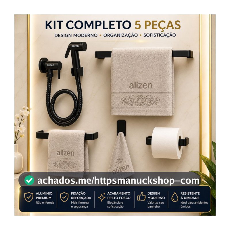 Kit Banheiro Preto Acessórios Ducha Higiênica Porta Toalhas Suporte Papel Higiênico Preto Fosco