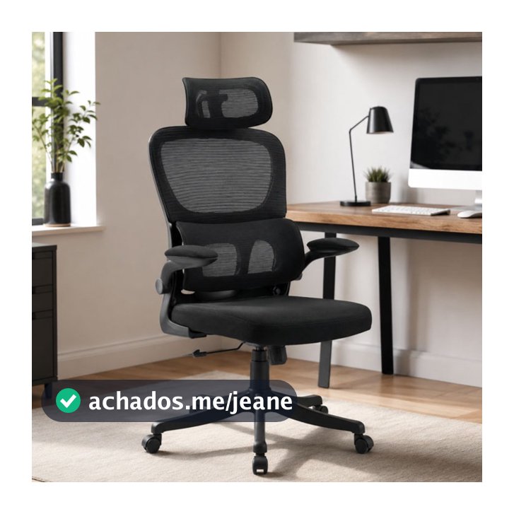 Cadeira Escritório Ergonômica Giratória Preta Tela Mesh com Suporte Lombar e Apoio de Cabeça