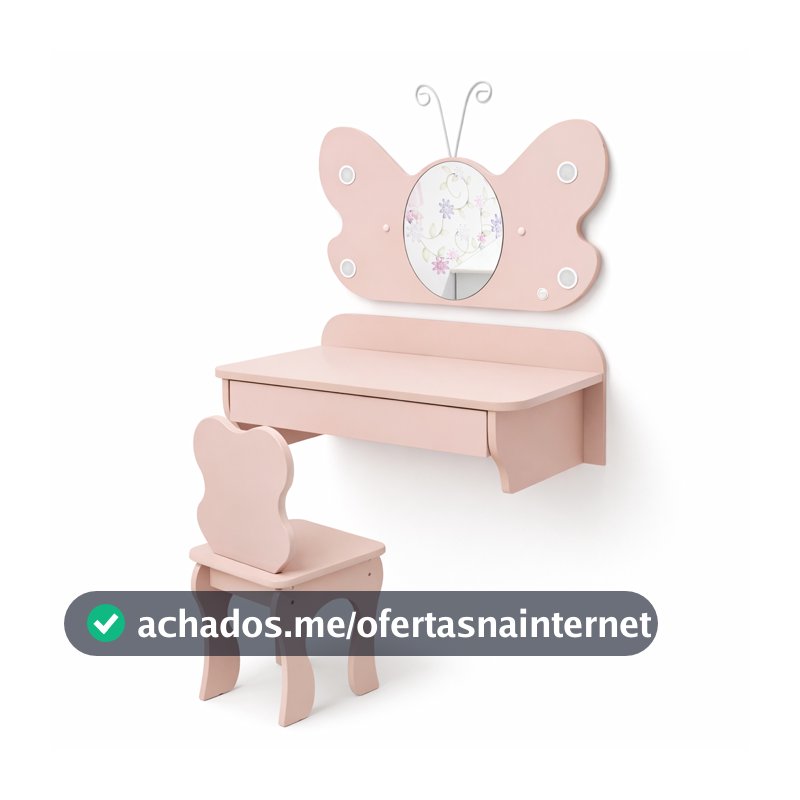 Penteadeira Infantil Em MDF Iluminação LED Embutido Espelho Banqueta Inclusa Criança Quarto Rosa