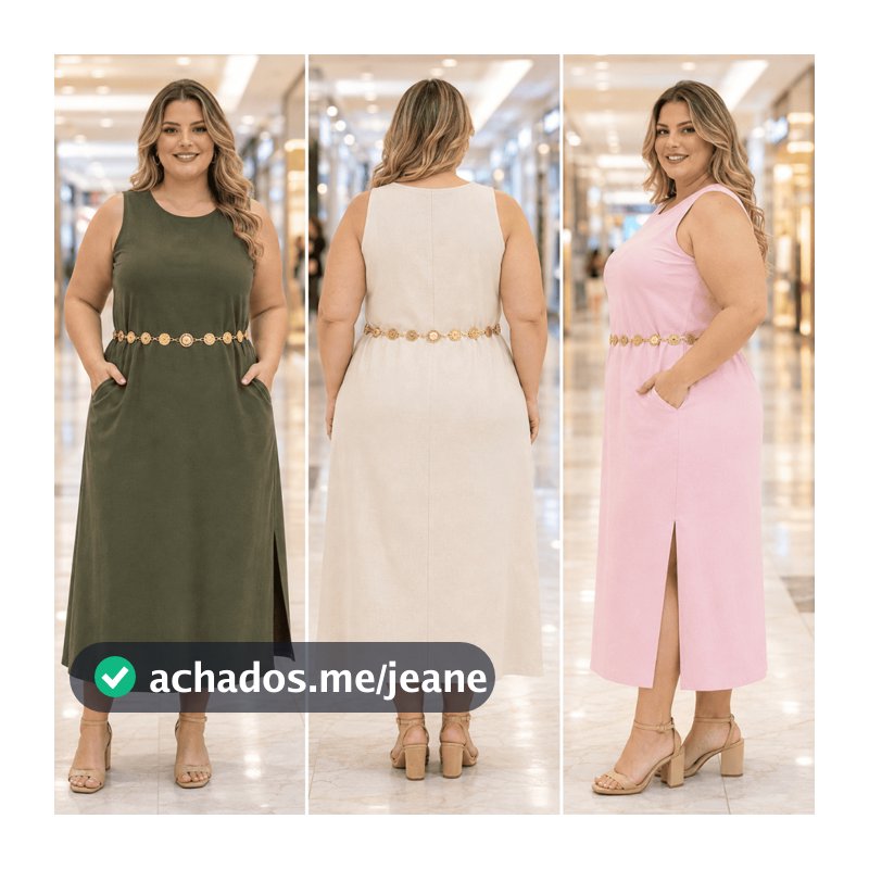 Vestido Regata Feminino Linho com Forro Zíper na Costas Longo Fenda Lateral Elegante Verão com Bolso Plus Size GG G1 G2