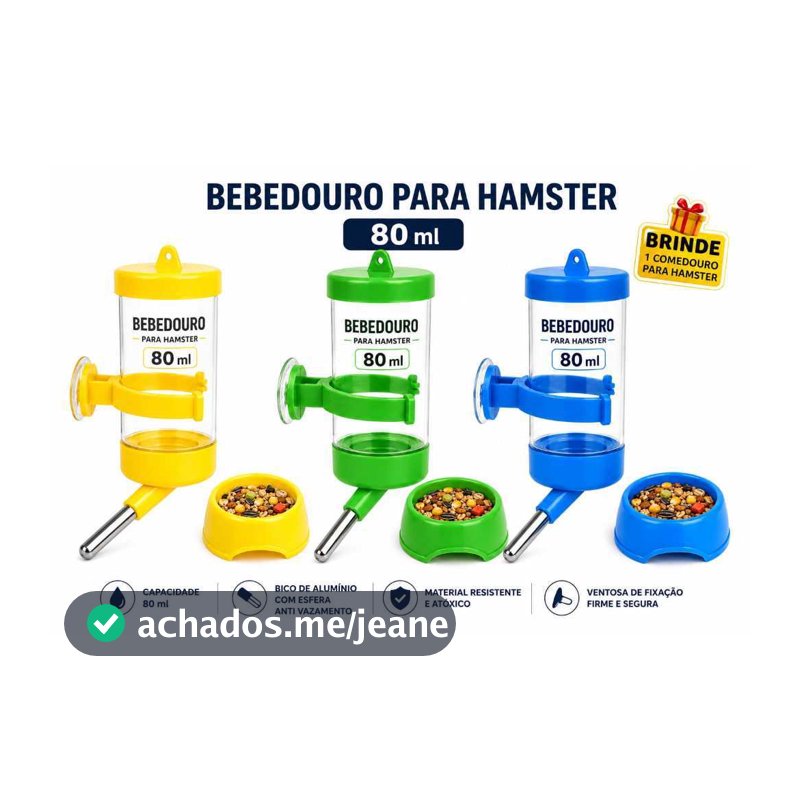 BEBEDOURO ELO P BICO INOX COM BILHA PARA ROEDORES HAMSTER  COLORIDO 80ML + COMEDOURO