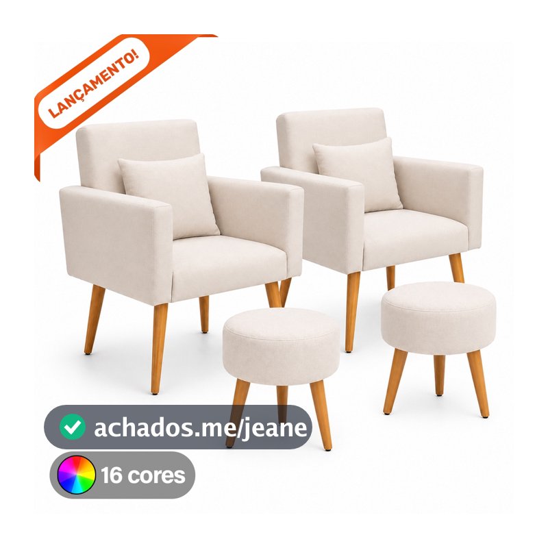 Conjunto 02 Poltronas Decorativas para Sala Nina com Almofadas e 02 Puff Redondo Suede Aninha Decor