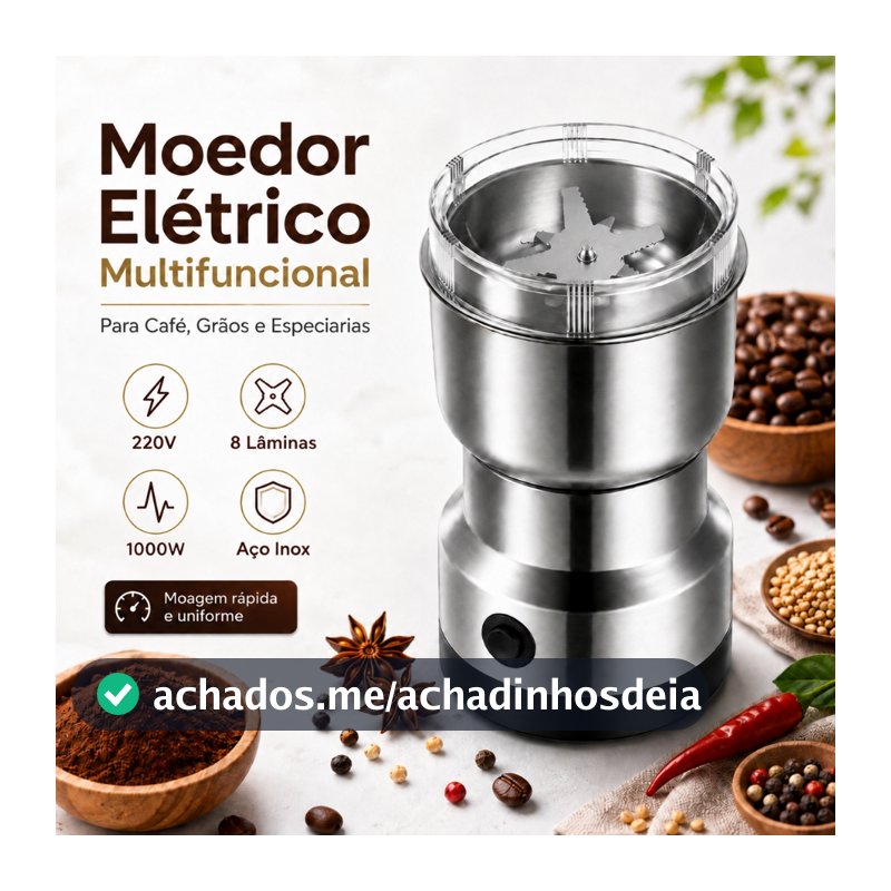 Moedor De Café Elétrico 220V 8 Lâminas Aço Inox Multifuncional para Grãos Temperos e Especiarias