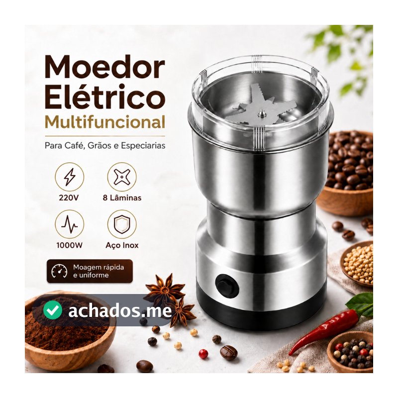 Moedor De Café Elétrico 220V 8 Lâminas Aço Inox Multifuncional para Grãos Temperos e Especiarias
