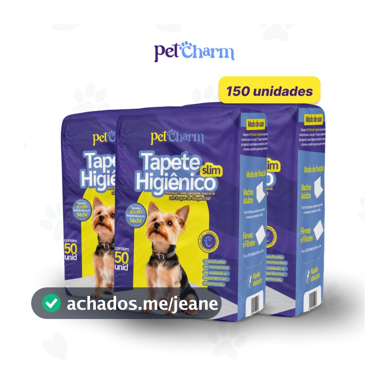 Kit 150 unid Tapete Higiênico PetCharm Slim -Tamanho 50cm x 60cm Para Cachorros