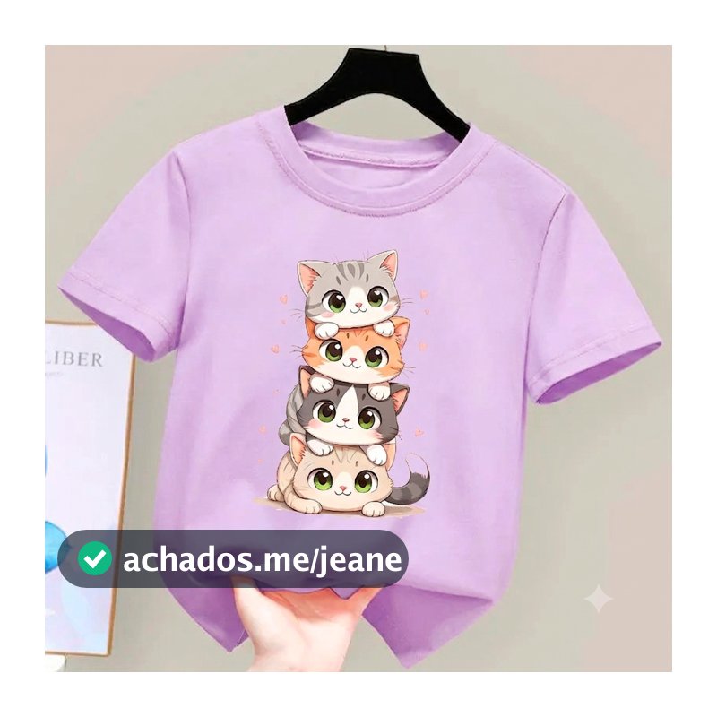 Camiseta De Algodão Infantil Estampada Gatinhos Fofo Tendencia