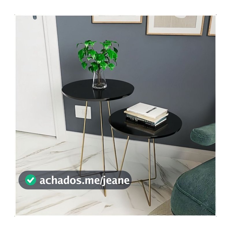 Kit 2 Mesas Laterais Redondas Pés Tripé Ferro Dourado Mesa de Apoio Sala Quarto Hall de Entrada