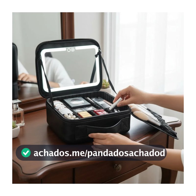 Necessaire Grande  Espelho LED Compartimentos Maquiagem Cosméticos Viagem Skin Care Dia a Dia