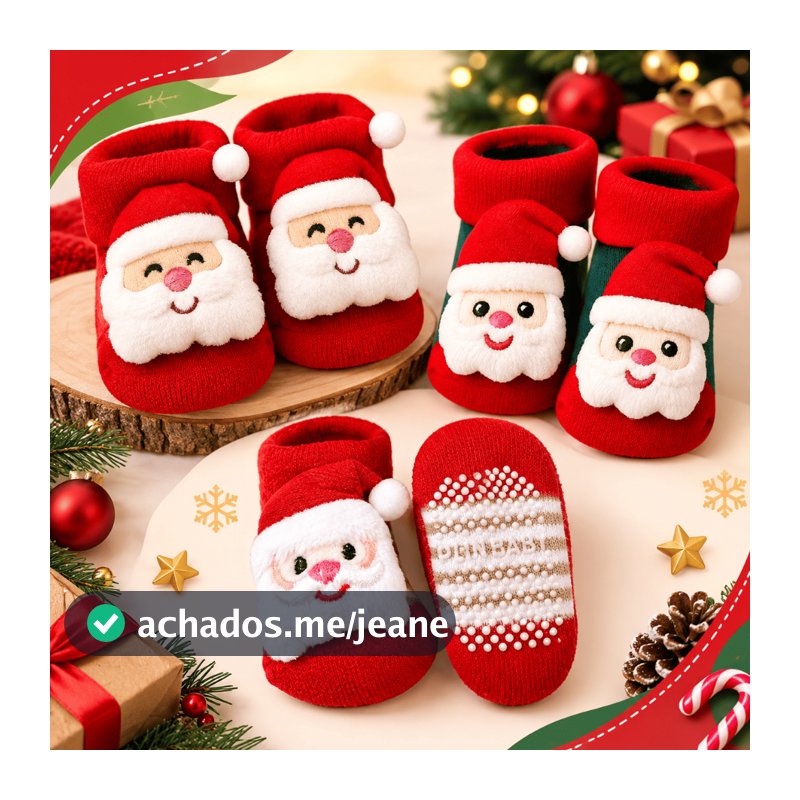 Meia Bebê Antiderrapante 0 a 12 Meses 3D Papai Noel Infantil Natal Plin Baby