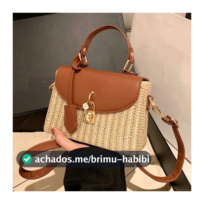 Bolsa Pequena Feminina de Mão Transversal de Palha Quadrada com Detalhe em Couro e Dourado Luxo