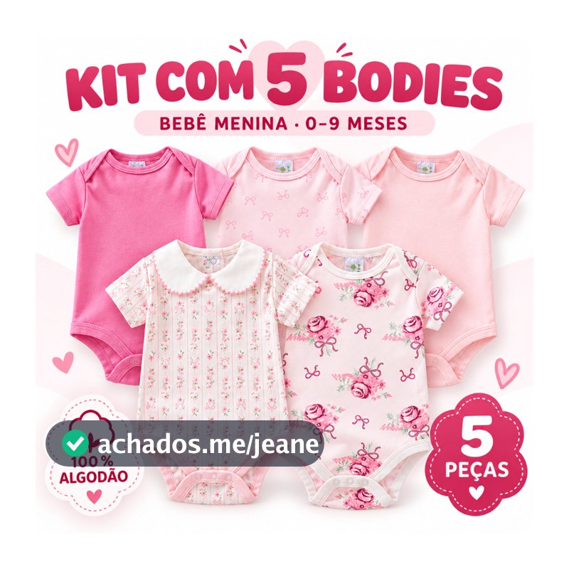 Kit 5 Bodies Bebê Menina Manga Curta Estampado Algodão Conjunto Roupa Infantil 0-9 Meses