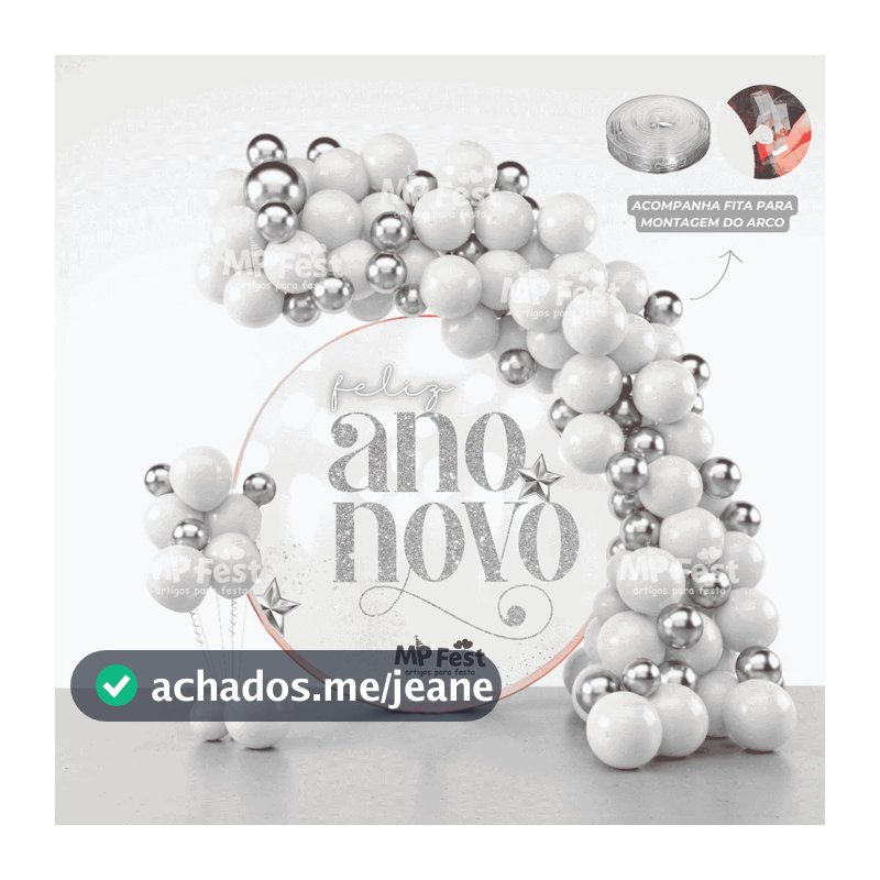 Kit 150 Balões Branco + Prata Metalizado + Fita Arco - Balão Bexiga Liso/Cromado Decoração Para Ano Novo