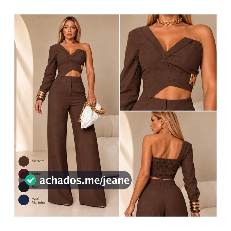 Conjunto Feminino Alfaiataria Cropped Assimétrico com Fivela + Calça Pantalona Cintura Alta Elegante