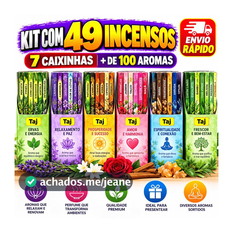 Incenso Natural Taj Kit 7 Caixinha 49 Varetas Aromas Sortidos Aromático