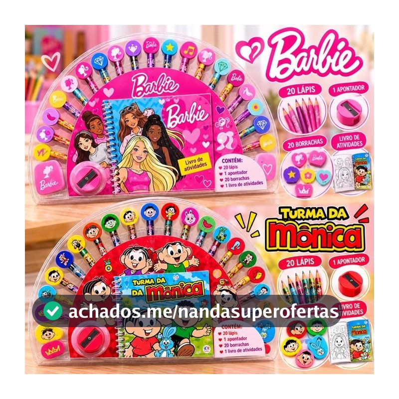 Kit Turma da Mônica Barbie 22 Lápis de Cor com Borracha + Livro de Colorir presente crianças material escolar