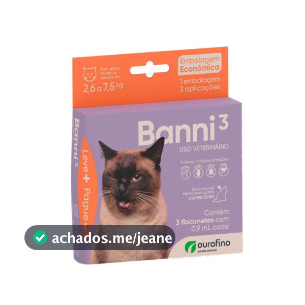 Antipulgas Sarna Vermifugo Gatos Banni³ Ourofino 2,6 A 7,5kg Cor Lilás - 3 Flaconetes
