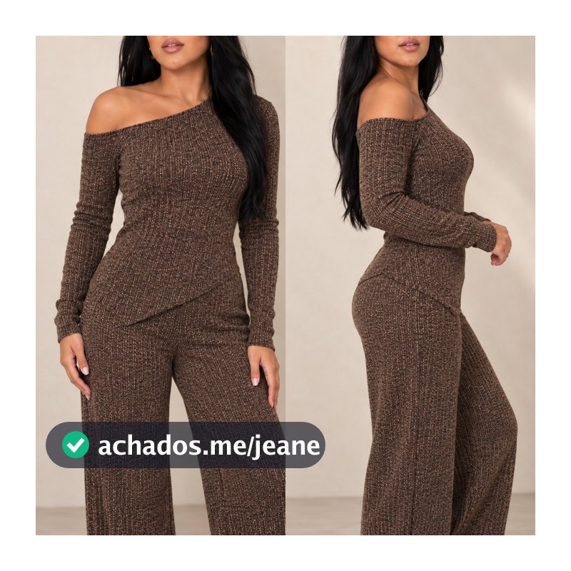 Conjunto Feminino Elegante Blusa Assimétrica e Calça Pantalona de Lã Canelada Casual Social Conforto Inverno Frio
