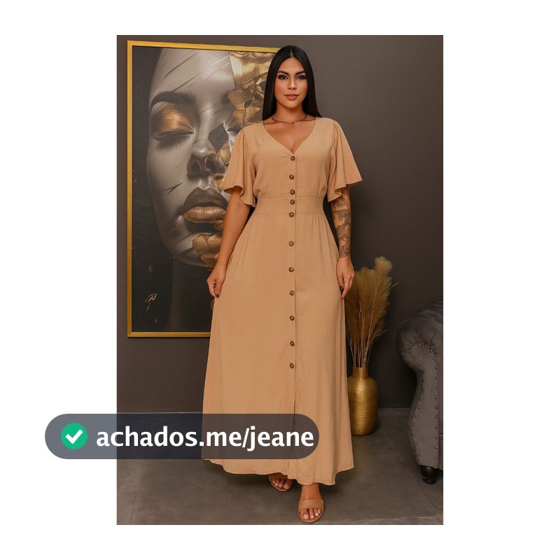 Vestido Longo Monda Feminina tecido Duna Botões funcionais Forrado Manga Flare.