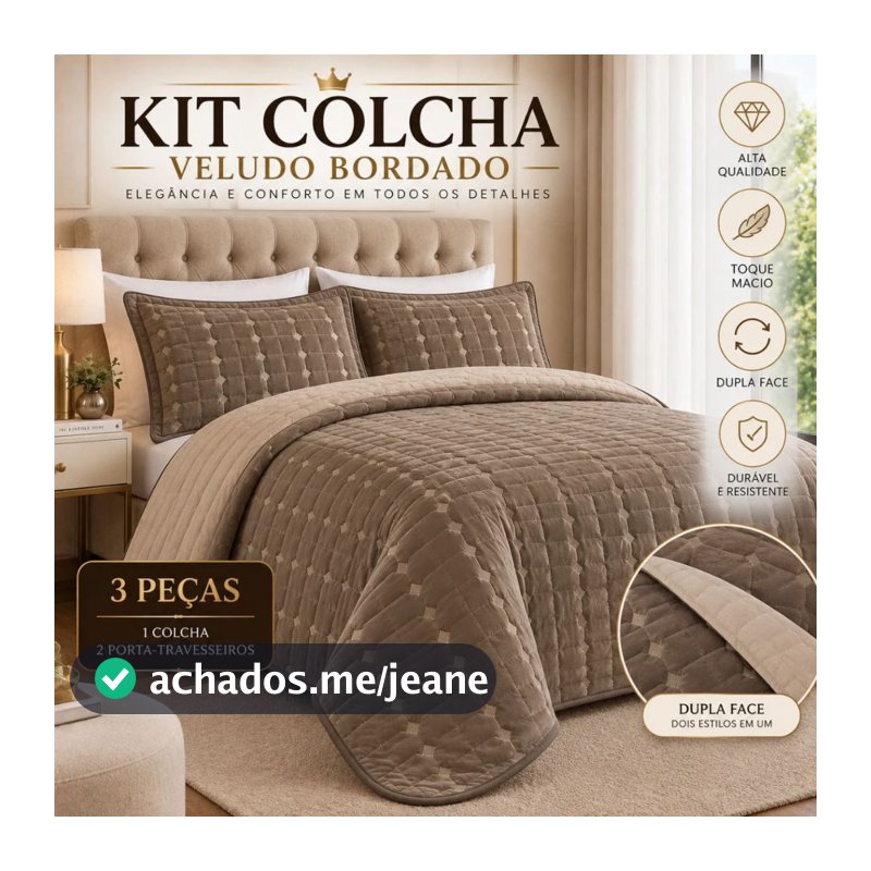 Colcha Cobre Leito Veludo Bordado Matelado 3 Peças Dupla Face Premium Macio de Luxo