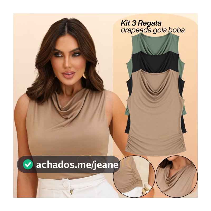 KIT 3 Blusa Regata Feminina Gola Boba Alça Larga Grossa Costas Fechada Tecido Regula Temperatura