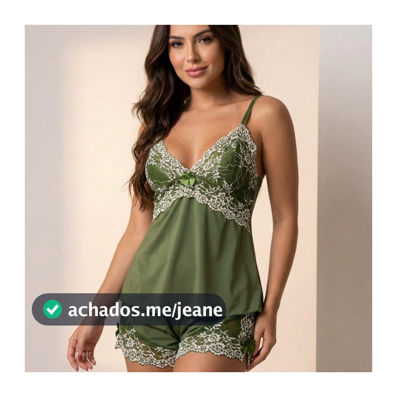 Baby Doll Feminino Renda Bicolor Verde Militar Renda Branca Conjunto Sexy Sensual Pijama Short Dolls .