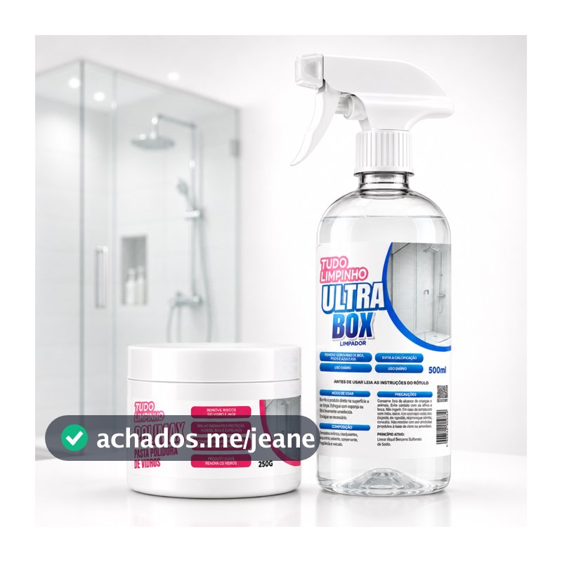 Kit Ultra Box + Polimax Tudo Limpinho Limpa Box Vidro Espelho Inox Remove Manchas e Dá Brilho