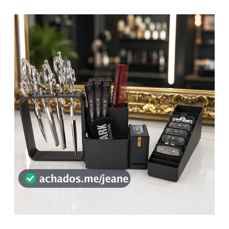 KIT BARBEIRO COMPLETO 3 EM 1, PORTA TESOURAS + DISPENSADOR DE LÂMINAS + ORGANIZADOR DE PENTES