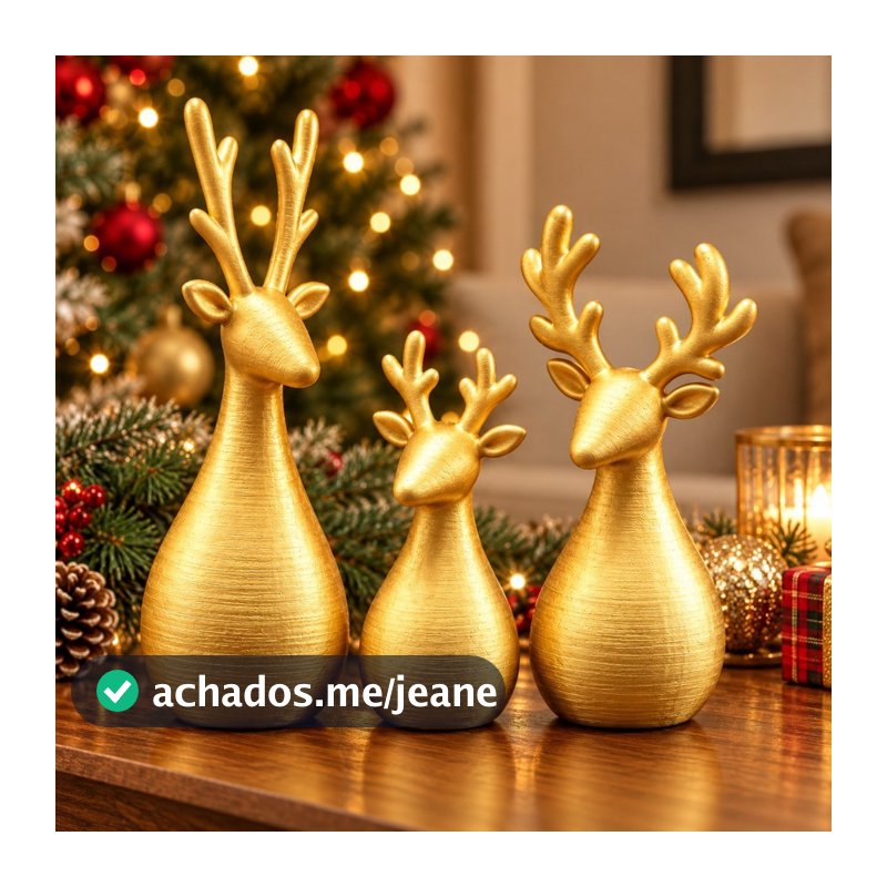 Kit 3 Renas Natalinas Douradas Decoração de Natal Nórdica Enfeite Natalino Luxo