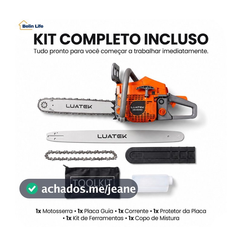 Motosserra a Gasolina LUATEK 56cc 2,4 kW 8.500 RPM com Sabre e Kit para Corte de Madeira