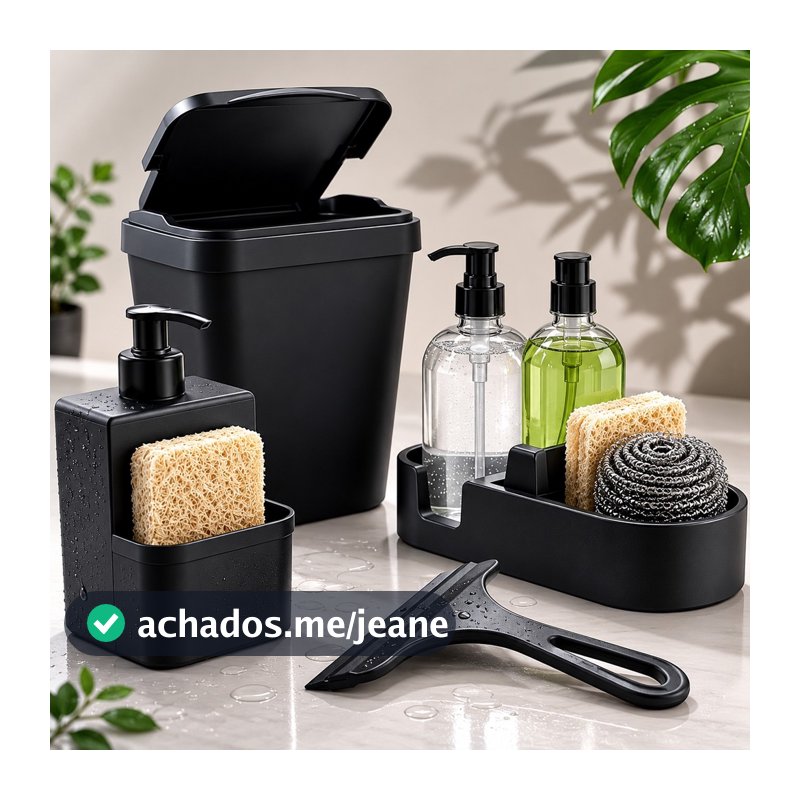 Kit Pia Cozinha Organizador Completo Luxo Lixeira 5L Porta Detergente Porta Esponja Rodinho Moderno