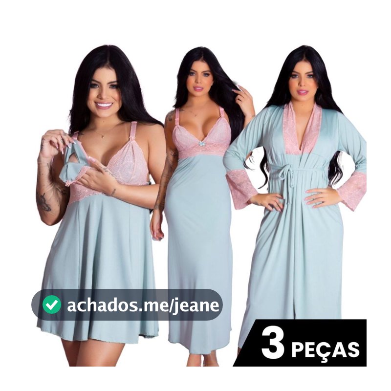 Kit Amamentação – Camisola Curta, Camisola Longa e Robe Longo | Pós Parto Gestante