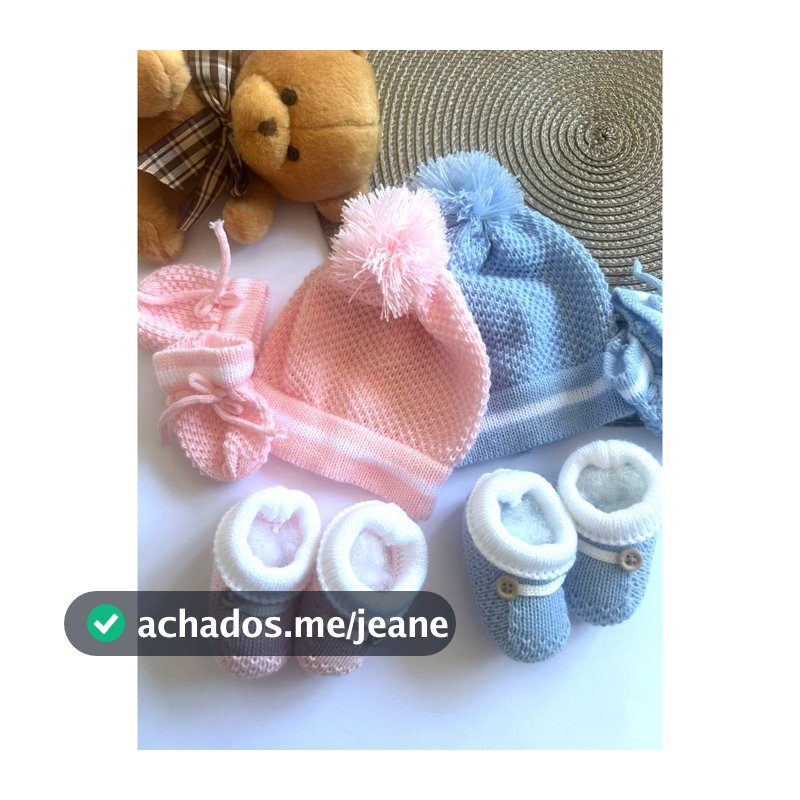 KIT Touca luva e sapatinho para Bebê recém nascido maternidade 0 a 3 meses em tricô de Linha