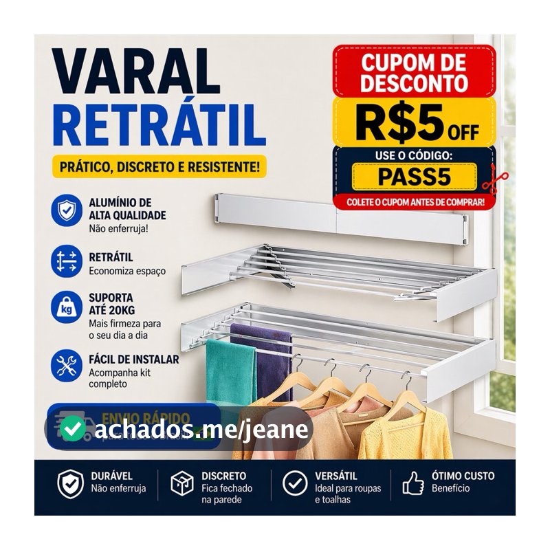 Varal Mágico Oculto Retrátil Dobrável 70cm 5 Varetas Romelux
