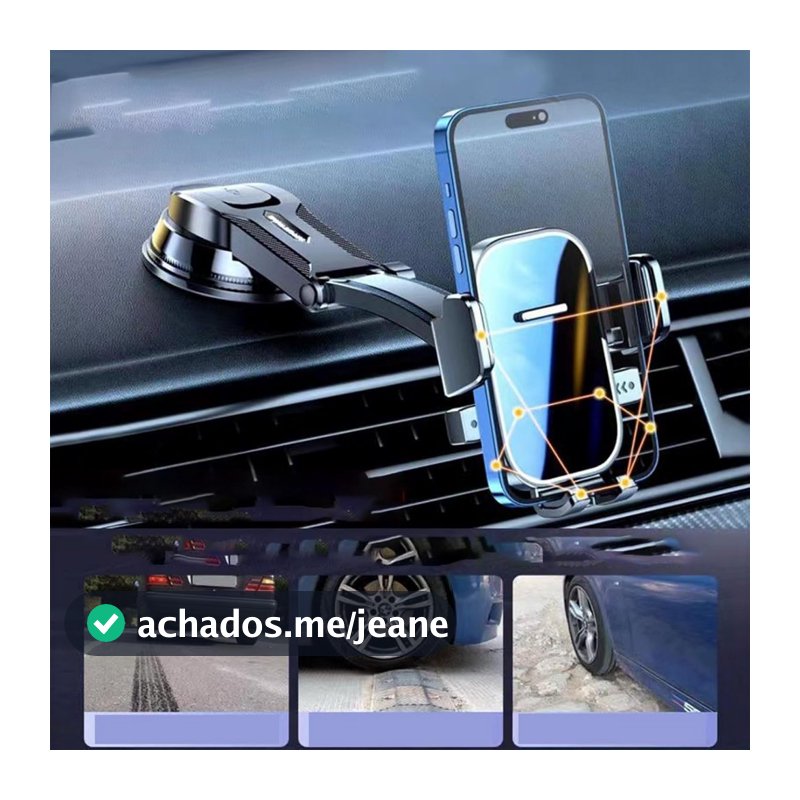 Suporte de Telefone Antichoque para Carro - Braço Longo, Ventosa, Rotação 360°