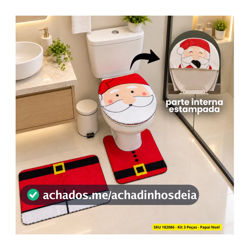 Jogo De Banheiro Kit Tapete Conjunto 3 Peças Estampado Natal Festa Natal Estampas Divertidas