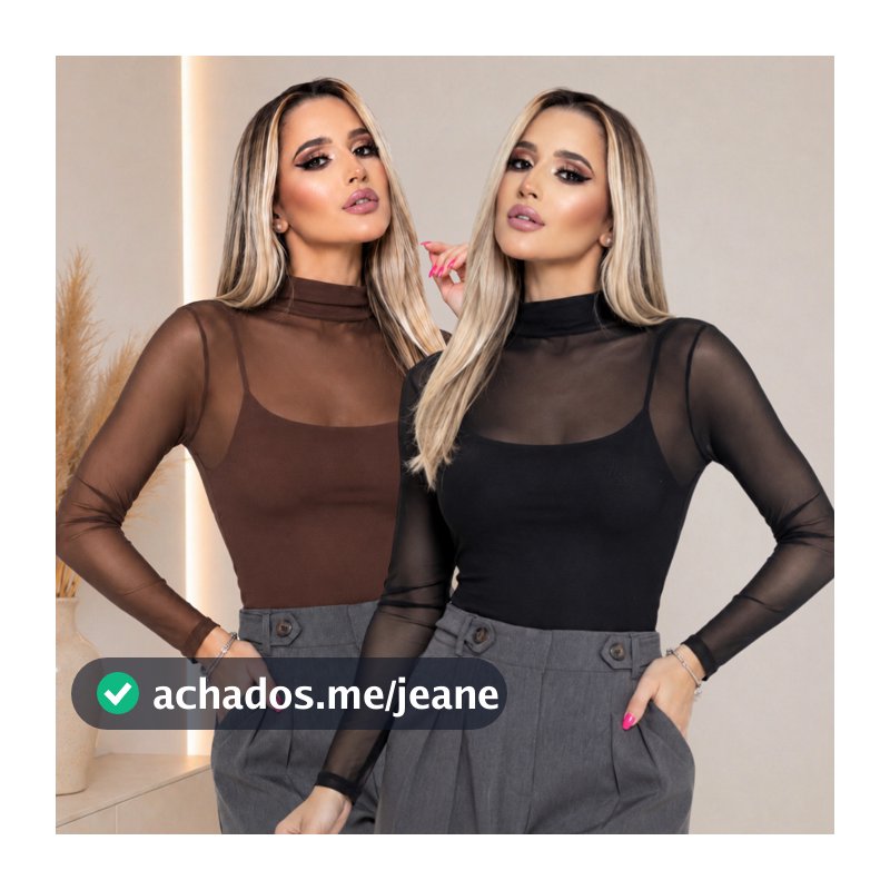 Blusa Tule Feminina Segunda Pele Manga Longa Gola Alta Transparente Tendência Inverno 36 ao 44