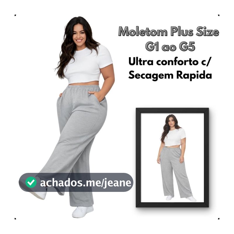 Calça Moletom Feminina Plus Size Reta Sem Punho Aveludada Cintura Elástica Cinza Mescla GG ao G5