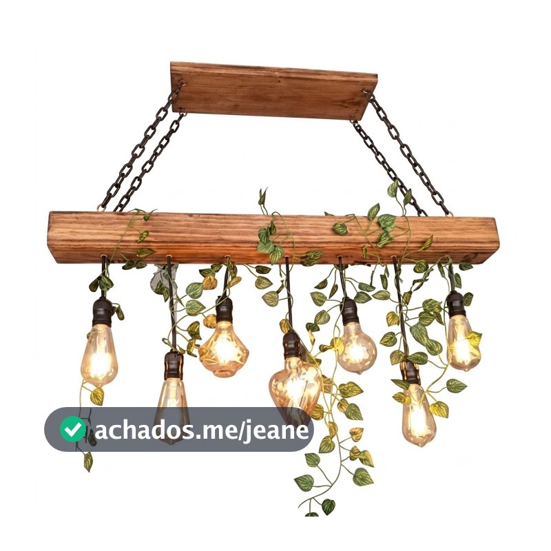 Lustre Luminária Pendente Rústico Madeira com 7 pendentes pretos bivolt, correntes e folhagem