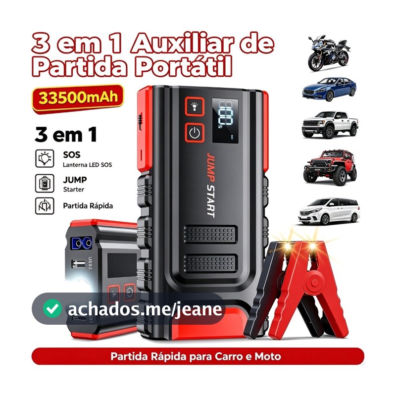 3 em 1 Auxiliar de Partida Portátil 33500mAh , Carregador de Bateria para Carro e Lanterna LED SOS