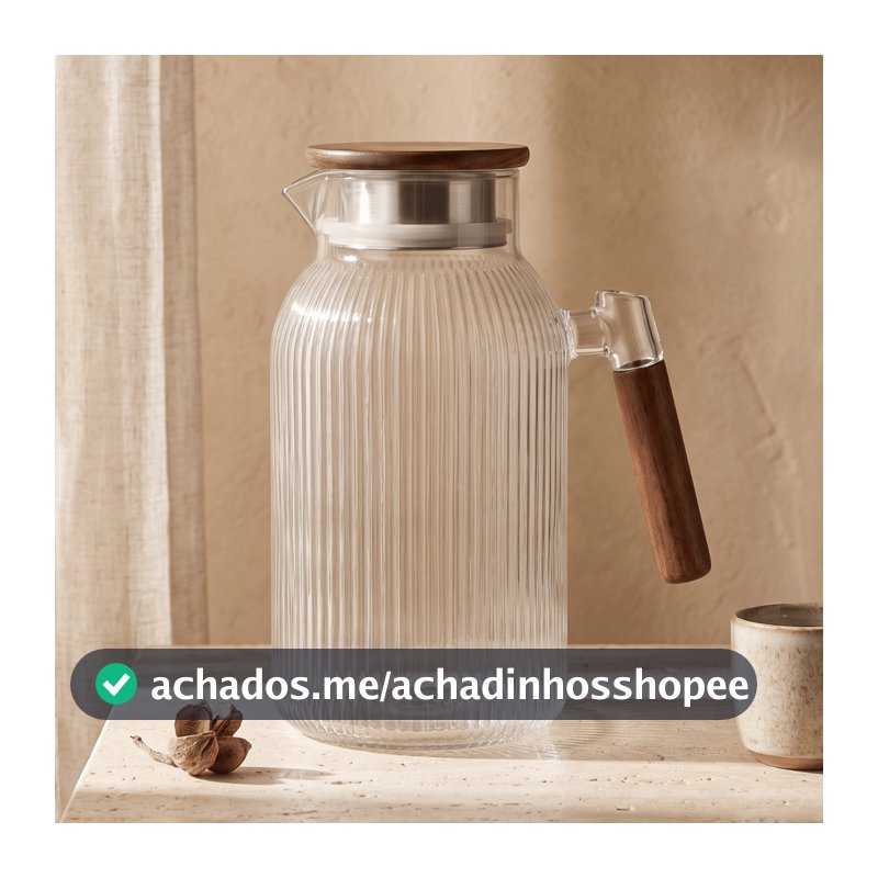 Jarra Vidro Borossilicato Canelado 1,5L Cabo Madeira Mesa Posta Luxo Suco Agua Minimalista 21cm